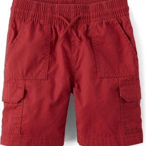 Red Elastic Waist Cargo Shorts with Drawstring
